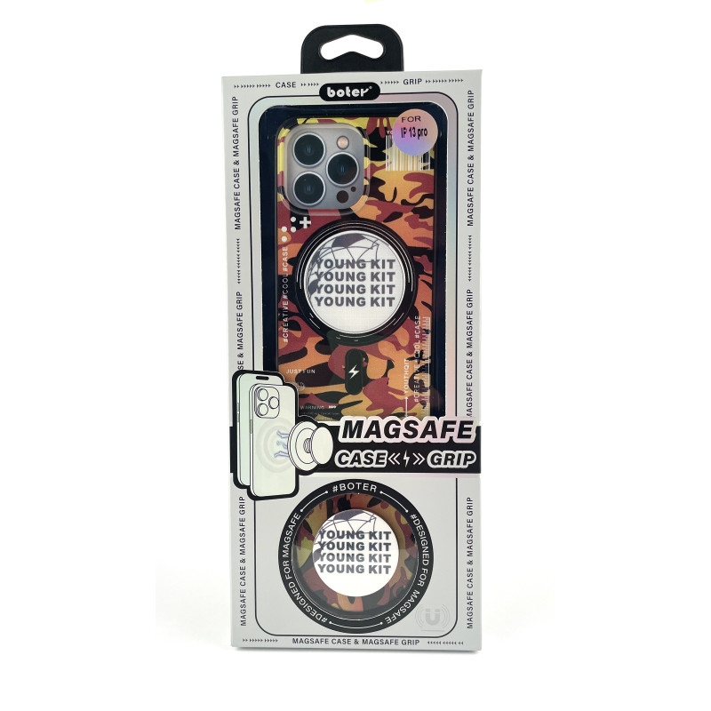 Силіконовий чохол MagSafe Boter"3D" + magsafe PopSocket для телефону iPhone 13 Pro 02 military