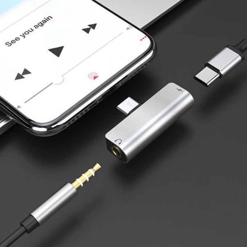 Перехідник Hoco LS26 Type-C 2-in-1 Audio Converter silver