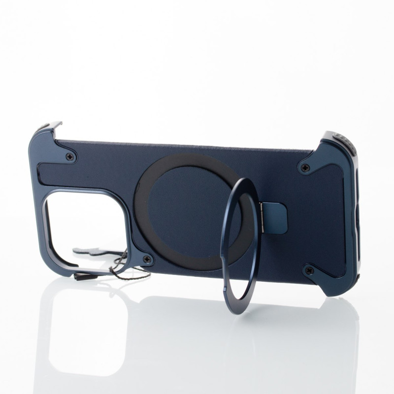 Металевий чохол MagSafe LEATHER METAL FRAME для телефону iPhone 15 Pro темно-синій