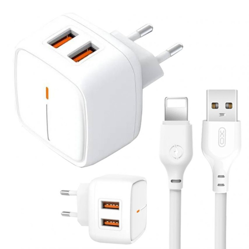 Мережевий зарядний пристрій XO 2в1 Lightning 2USB/2.4A (L61) білий