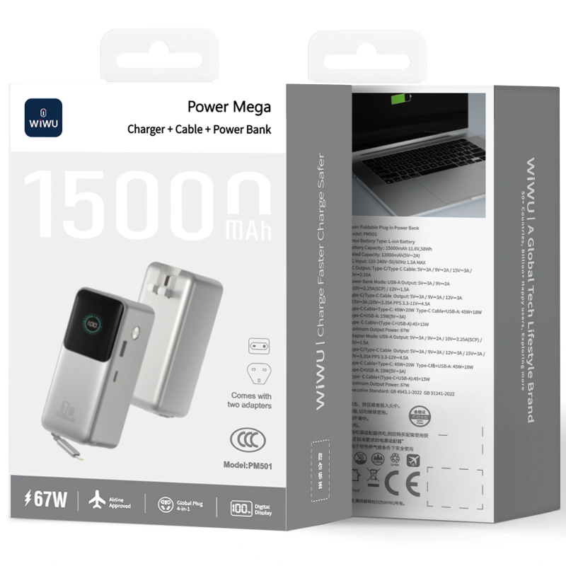Портативное ЗУ Power Bank WIWU PM501 Power Mega PD67W with cable 15000 mAh