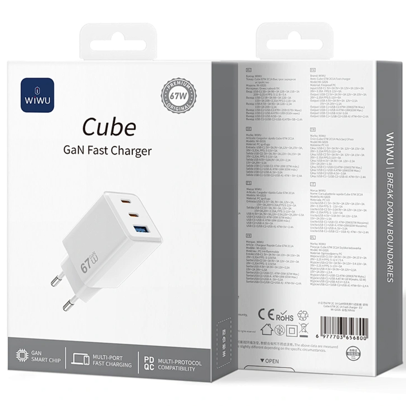 СЗУ WIWU G026 Cube PD67W+QC3.0 GaN (1USB-A/2C)