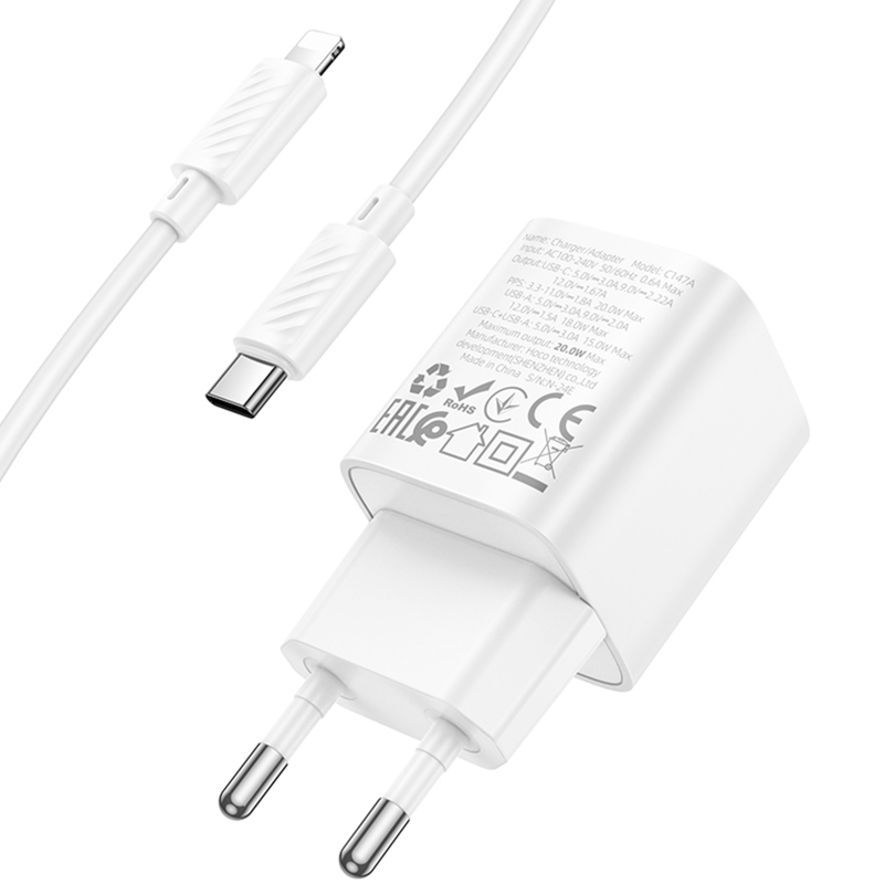 СЗУ Hoco C147A PD20W+QC3.0 (1USB-A/1C) + кабель Type-C to Lightning