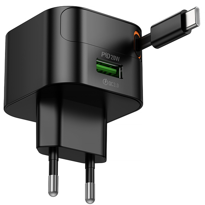 Уценка СЗУ Hoco C154A Changer With Retractable Cable Type-C PD20W+QC3.0 (1USB-C)