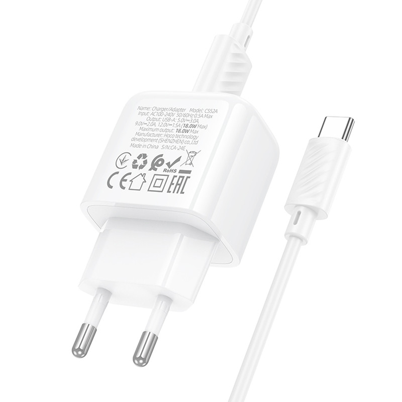 СЗУ Hoco CS52A Surplus QC3.0 (1USB-A) + кабель USB to Type-C