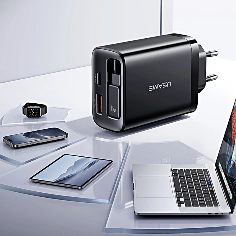 СЗУ Usams US-CC296 GaN With Retractable Type-C Cable Xiang Ser. 30W (1USB-A/1C)