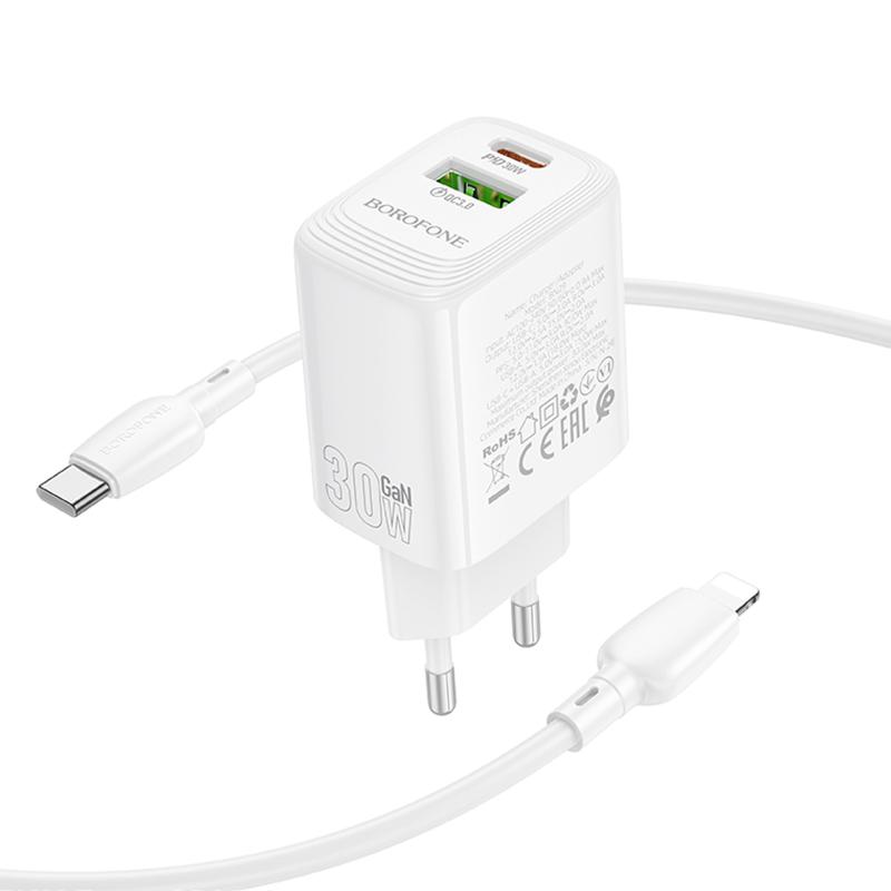 СЗУ Borofone BN29 Fuente PD30W+QC3.0 (1USB-A/1C) + кабель Type-C to Lightning