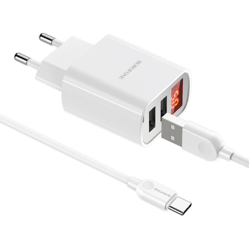 СЗУ Borofone BA58A with digital display 2.4A (2USB-A) + кабель USB to Type-C