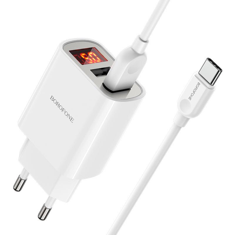 СЗУ Borofone BA58A with digital display 2.4A (2USB-A) + кабель USB to Type-C