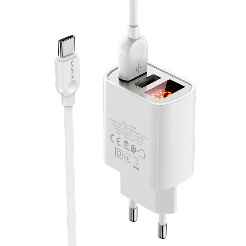 СЗУ Borofone BA58A with digital display 2.4A (2USB-A) + кабель USB to Type-C