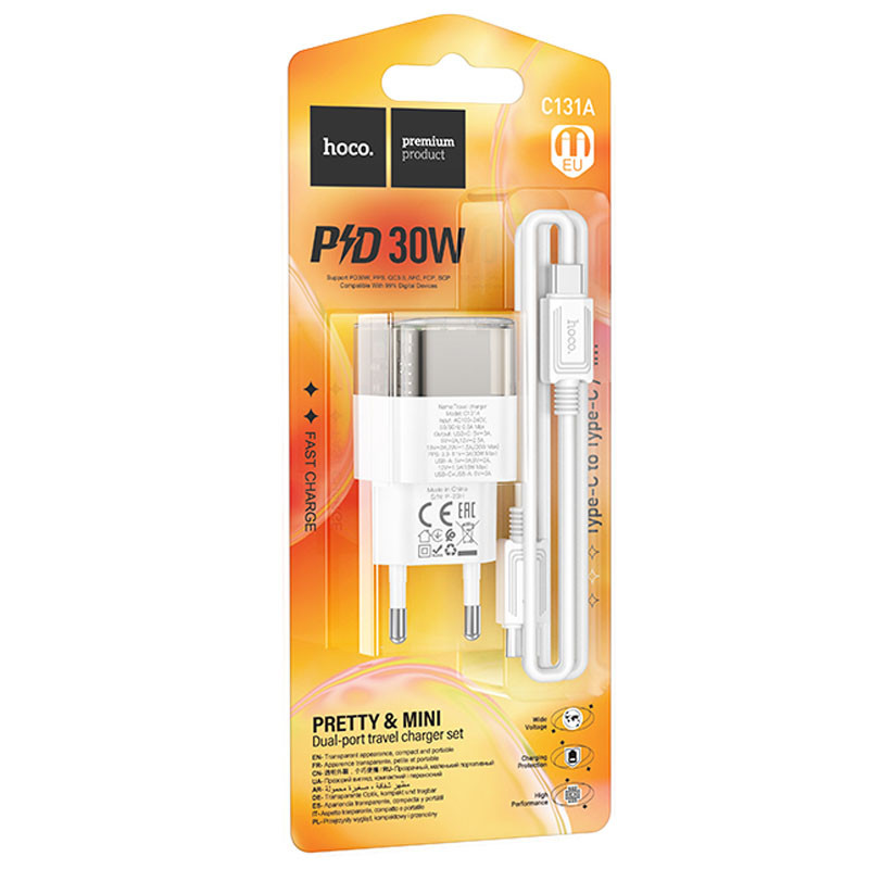 СЗУ Hoco C131A Platium PD30W+QC3.0 (1USB-C) + кабель Type-C to Type-C
