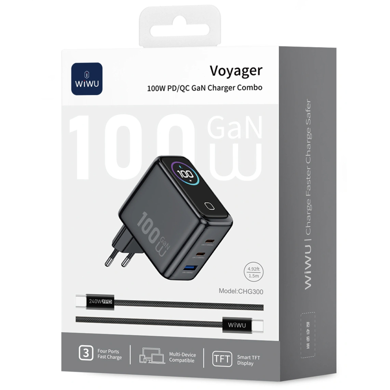 СЗУ WIWU CHG300 Voyager PD100W+QC3.0 (1USB-A/2C) + кабель Type-C to Type-C