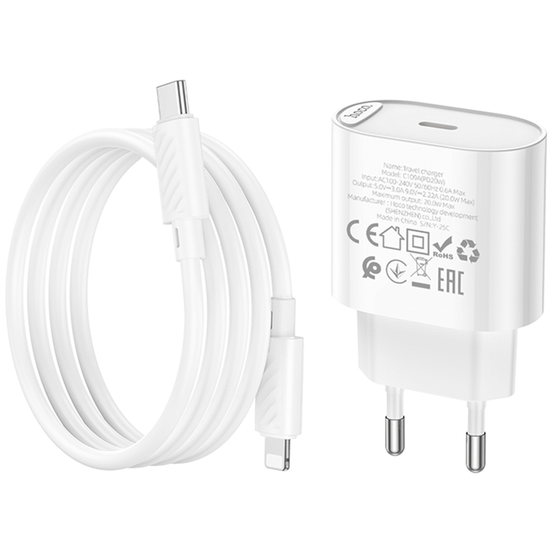 СЗУ Hoco C109A Fighter PD20W+QC3.0 (1USB-A/1C) + кабель Type-C to Lightning