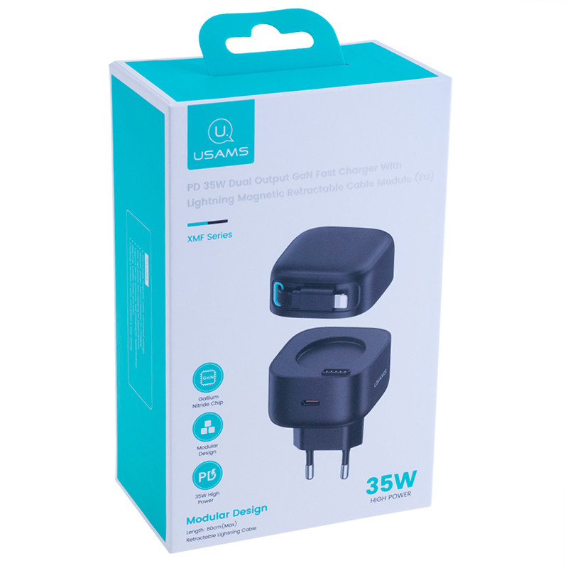 СЗУ Usams US-CC209 GaN With Lightning Magnetic Retractable Cable Module XMF Ser. 35W (2USB-C)