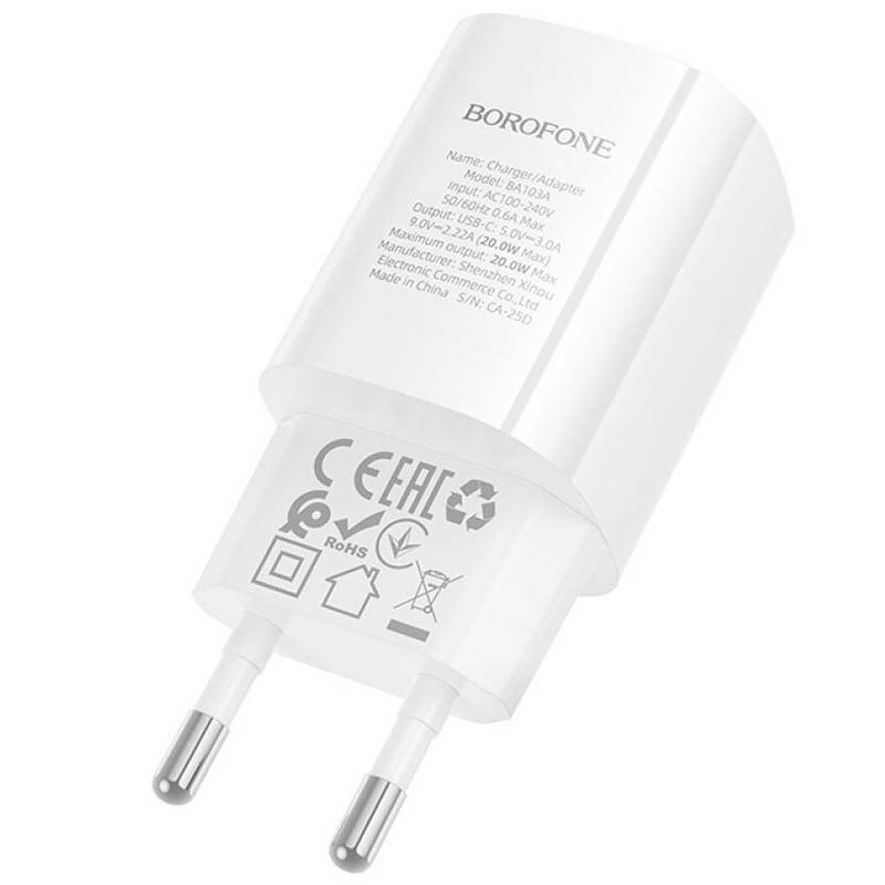 СЗУ Borofone BA103A Pudding PD20W (1USB-C) + кабель Type-C to Lightning