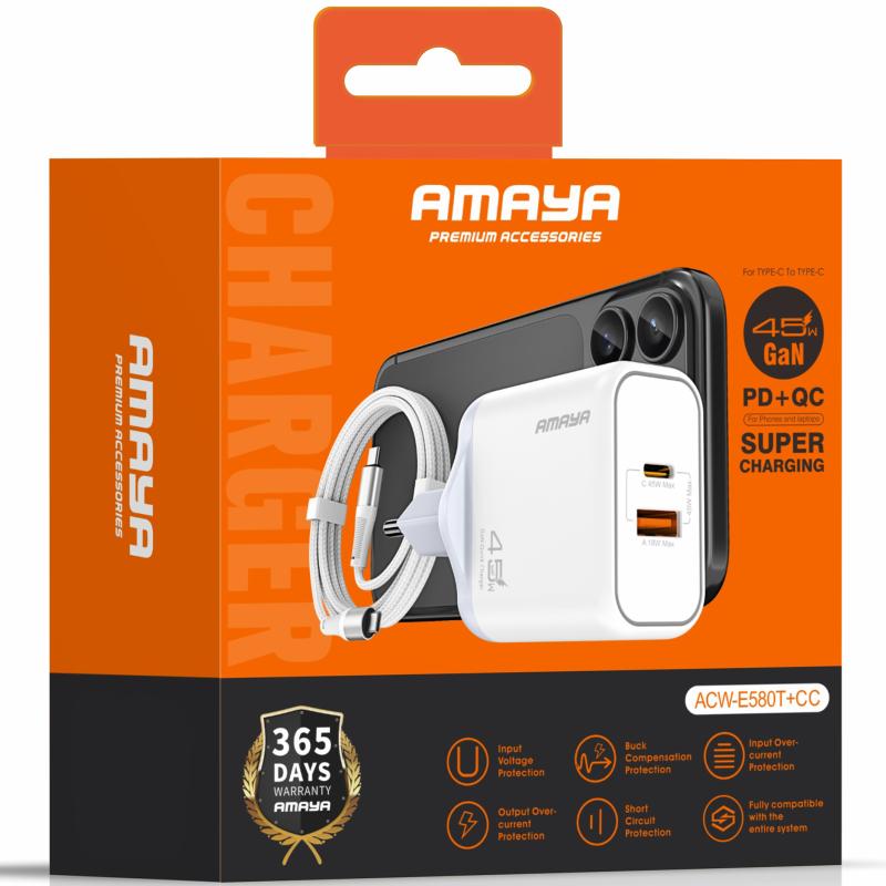 СЗУ Amaya E580T PD45W+QC3.0 GaN (1USB-A/1C) + кабель Type-C to Type-C