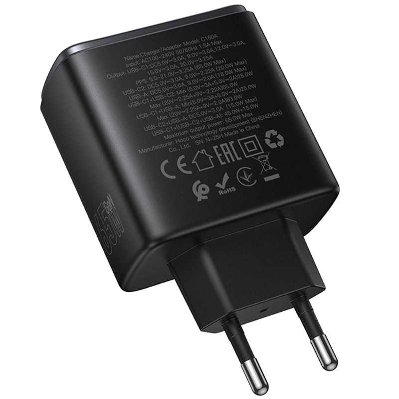 СЗУ Hoco C160A Upgrade PD65W+QC3.0 (1USB-A/2C)