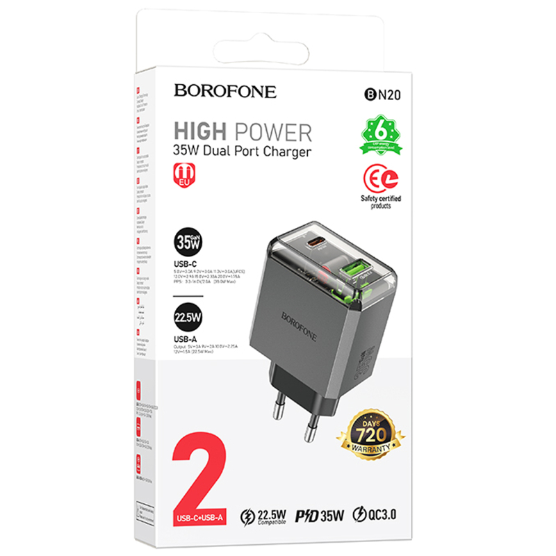 СЗУ Borofone BN20 Lena PD35W+QC3.0 (1USB-A/1C)