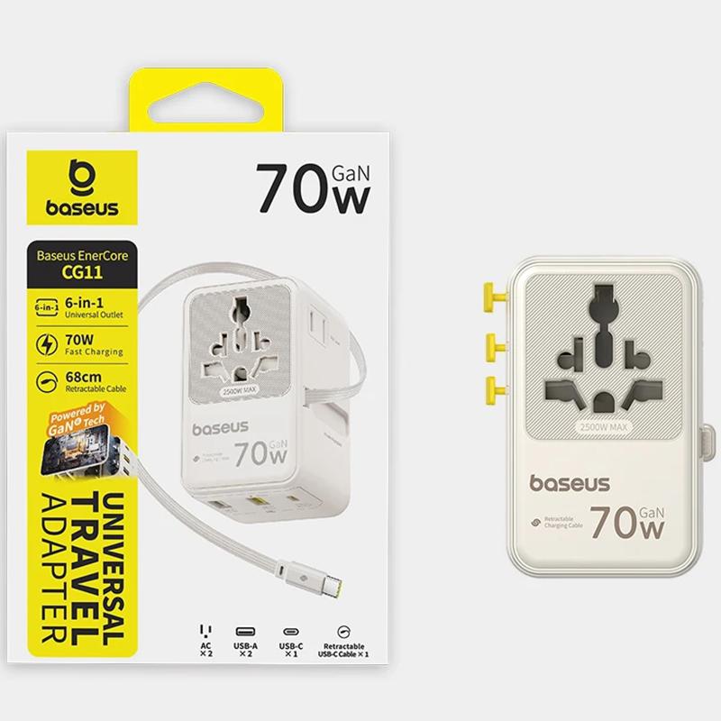 Сетевой универсальный переходник Baseus CG11 70W with retractable cable (2USB-A/3C/1Socket) (E0307E)