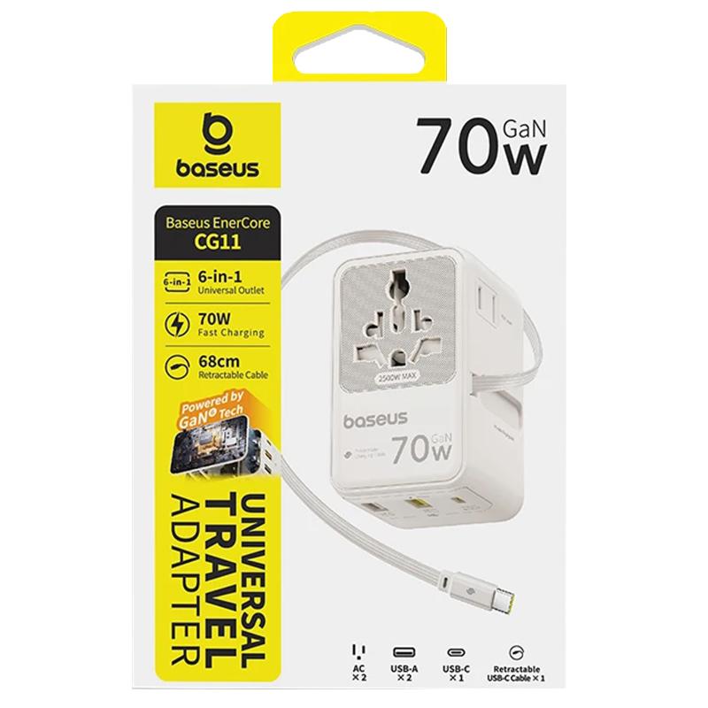 Сетевой универсальный переходник Baseus CG11 70W with retractable cable (2USB-A/3C/1Socket) (E0307E)