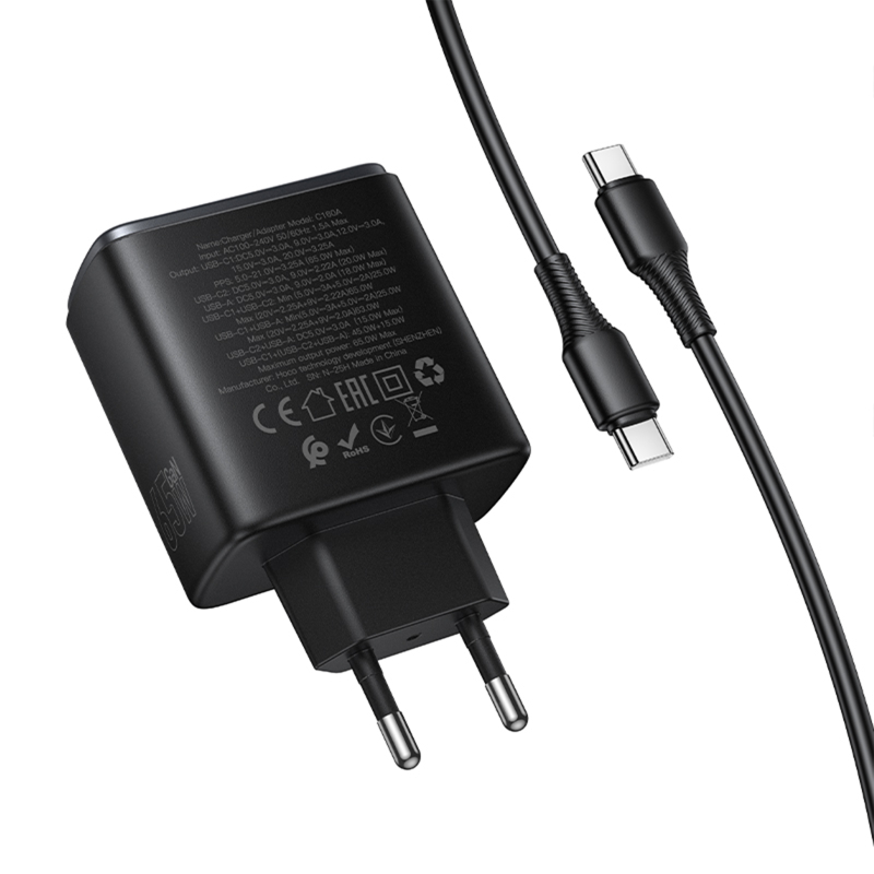 СЗУ Hoco C160A Upgrade PD65W+QC3.0 (1USB-A/2C) + кабель Type-C to Type-C