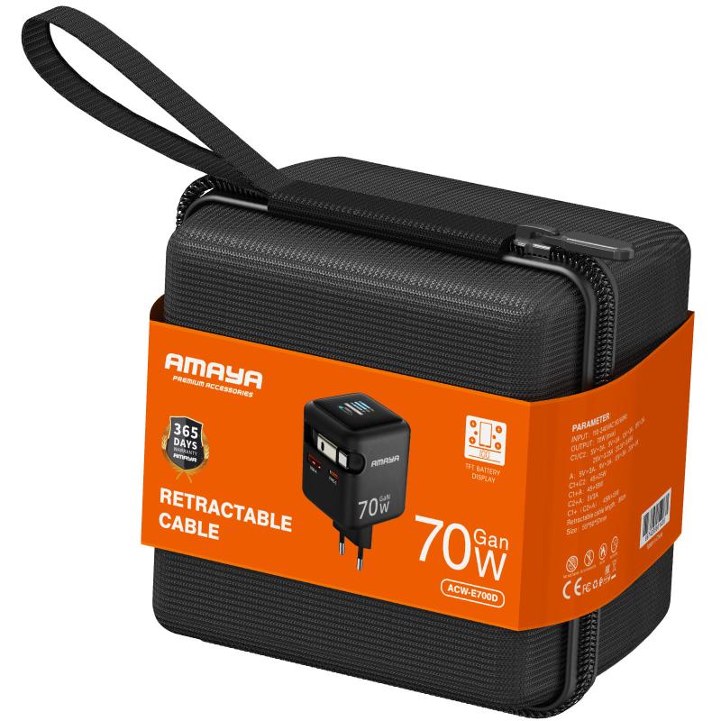 СЗУ Amaya E700D PD70W+QC3.0 GaN (1USB-A/1C) + Retractable Cable Type-C