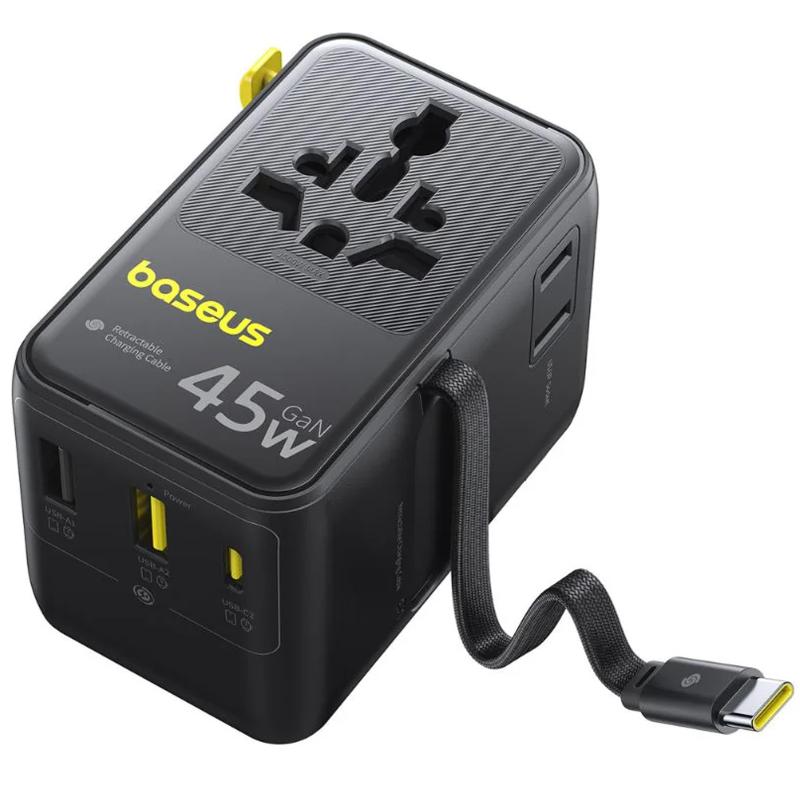 Сетевой универсальный переходник Baseus AG11 45W with retractable cable (2USB-A/1C/1Socket) (E0307F)