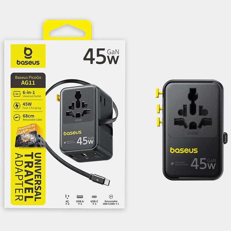 Сетевой универсальный переходник Baseus AG11 45W with retractable cable (2USB-A/1C/1Socket) (E0307F)