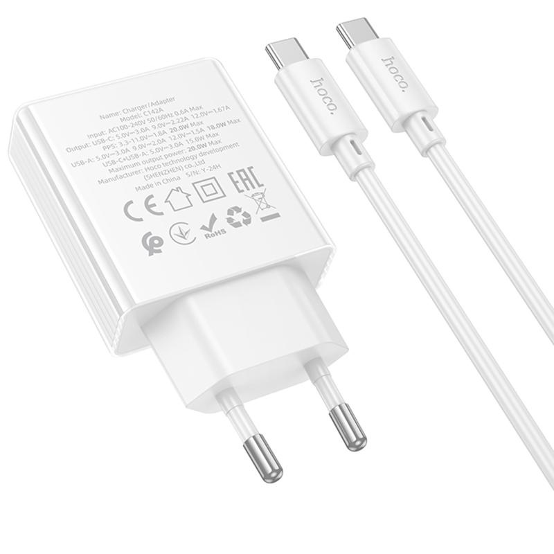 СЗУ Hoco C142A Direct PD20W+QC3.0 (1USB-A/1C) + кабель Type-C to Type-C
