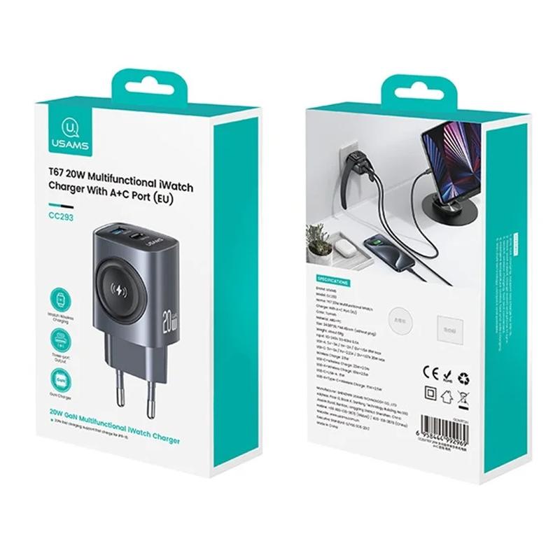 Уценка СЗУ Usams US-CC293 T67 Multifunctional iWatch Charger 20W (1USB-A/1C)