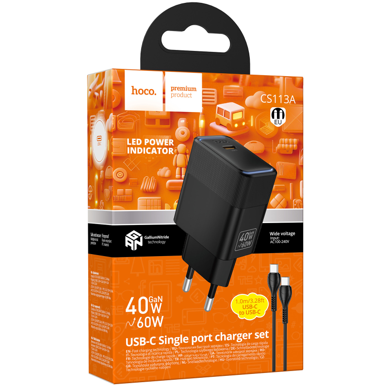 СЗУ Hoco CS113A Lounge PD40W (1USB-C) + кабель Type-C to Type-C