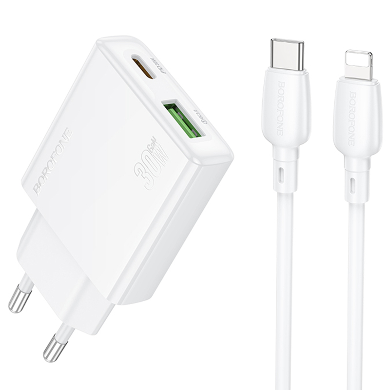 СЗУ Borofone BN25 Wish PD30W+QC3.0 (1USB-A/1C) + кабель Type-C to Lightning