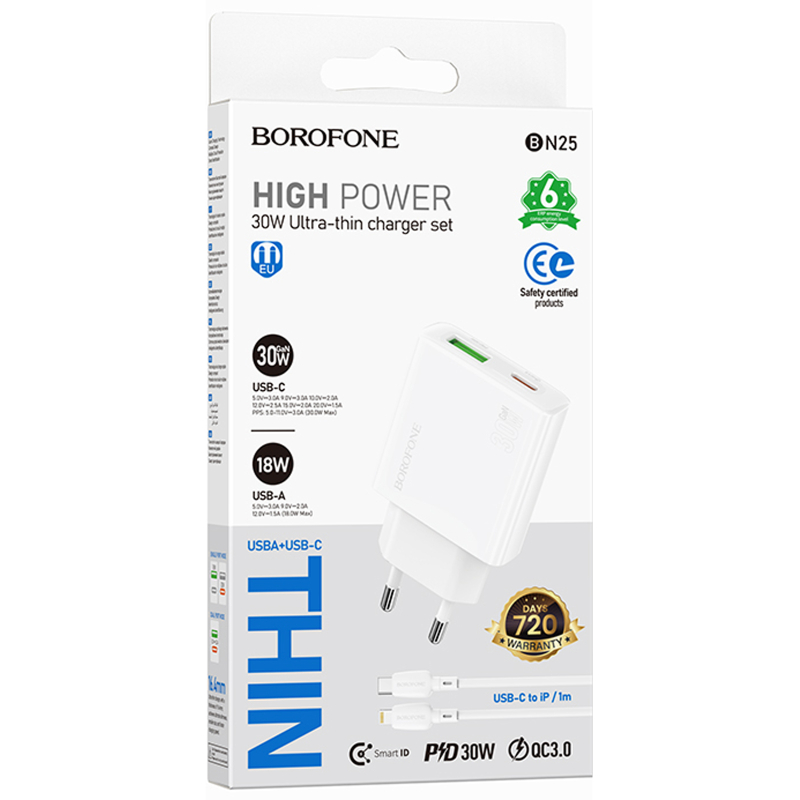 СЗУ Borofone BN25 Wish PD30W+QC3.0 (1USB-A/1C) + кабель Type-C to Lightning