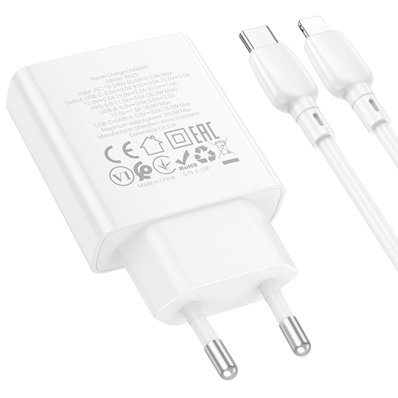 СЗУ Borofone BN25 Wish PD30W+QC3.0 (1USB-A/1C) + кабель Type-C to Lightning