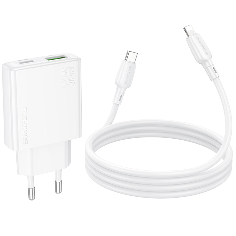 СЗУ Borofone BN25 Wish PD30W+QC3.0 (1USB-A/1C) + кабель Type-C to Lightning