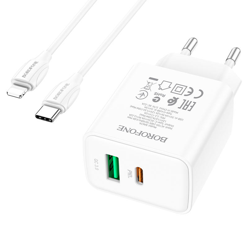 СЗУ Borofone BA67A PD20W+QC3.0 (1USB-A/1C) + кабель Type-C to Lightning