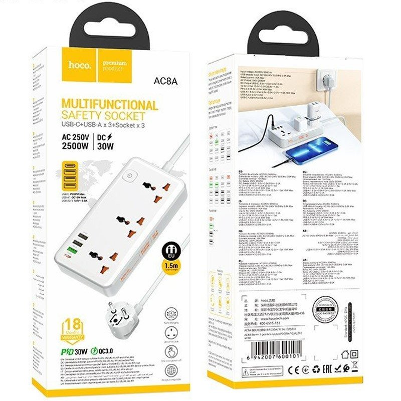 Удлинитель Hoco AC8A Storm (PD30W/1C/3A/3xSocket) (1.5m)
