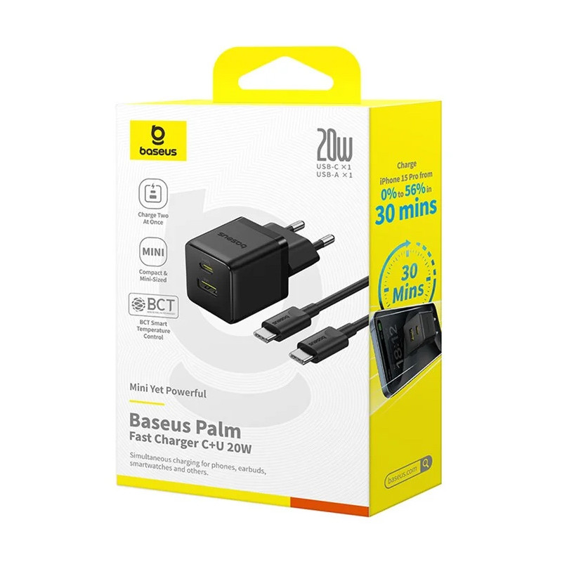 СЗУ Baseus Palm Fast Charger 20W (1USB-A/1C) + кабель Type-C to Type-C (P10111608)