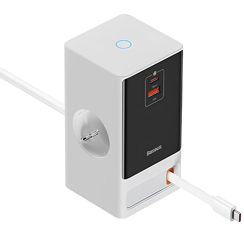 СЗУ Baseus OS PowerCombo Digital PowerStrip+Retractable-C 65W (1USB-A/1C/2Socket) (1.5m) (PSLR000)
