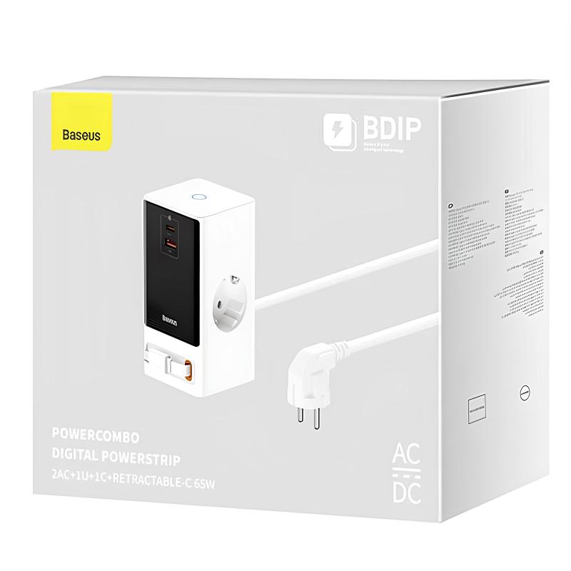СЗУ Baseus OS PowerCombo Digital PowerStrip+Retractable-C 65W (1USB-A/1C/2Socket) (1.5m) (PSLR000)