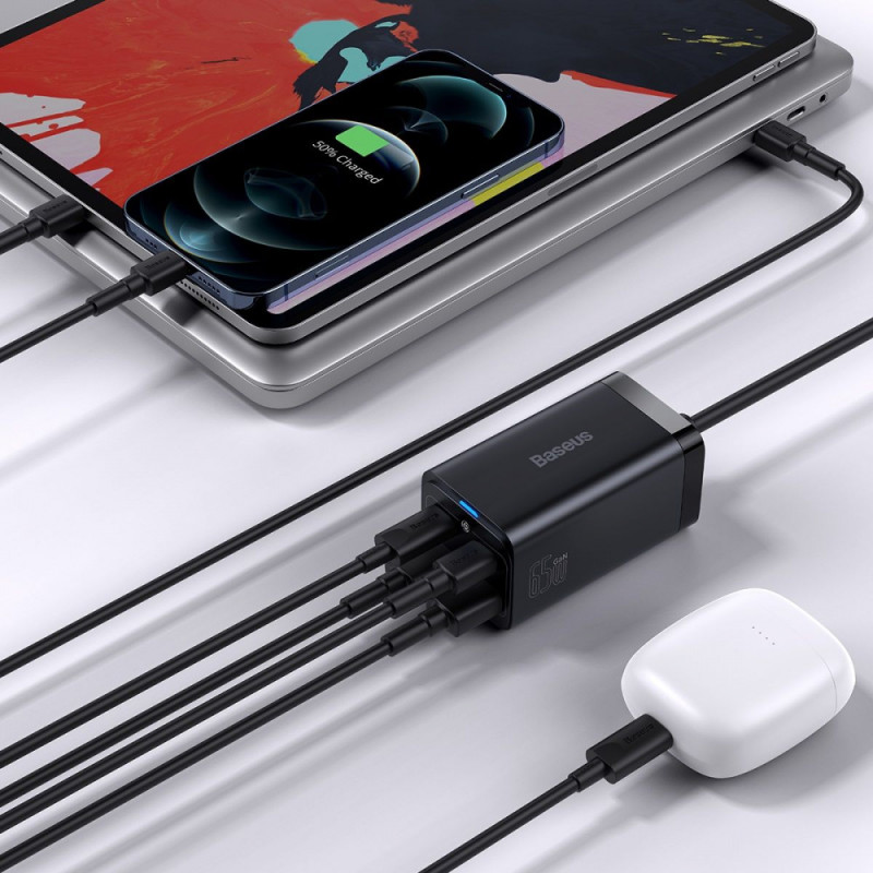МЗП Baseus GaN3 Pro 65W (2 Type-C + 2 USB) + Кабель Type-C to Type-C 100W (1m) black