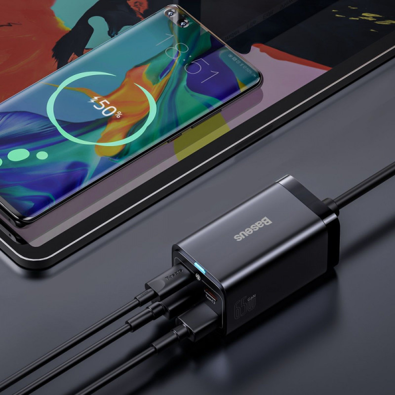 МЗП Baseus GaN3 Pro 65W (2 Type-C + 2 USB) + Кабель Type-C to Type-C 100W (1m) black