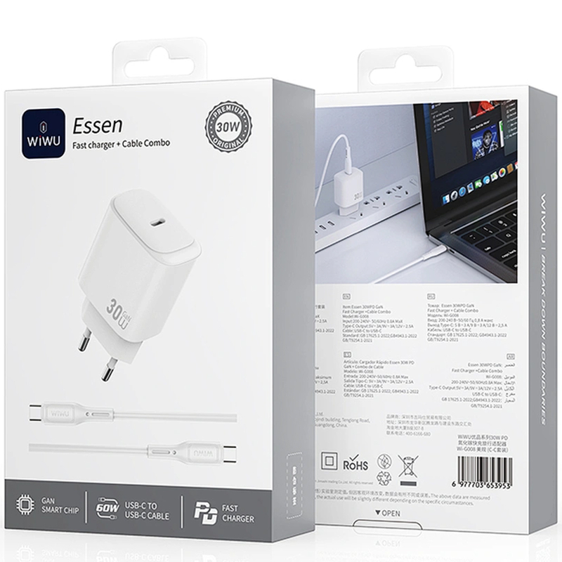 СЗУ WIWU G008 Essen PD30W GaN (1USB-C) + кабель Type-C to Type-C
