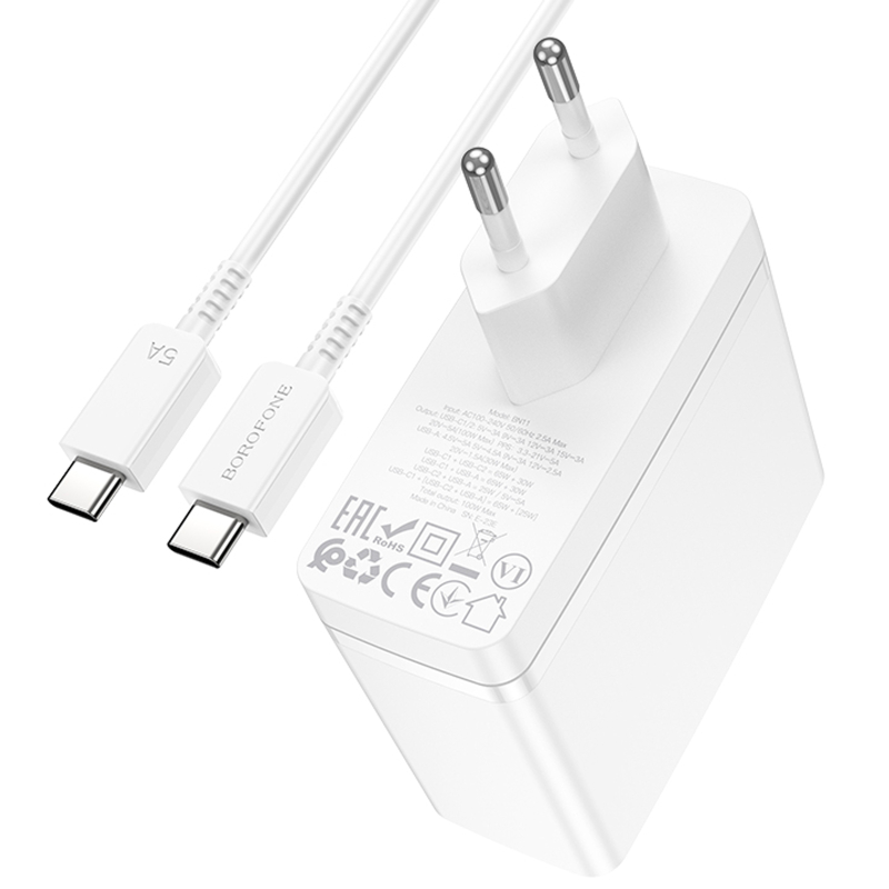 СЗУ Borofone BN11 Imperial PD100W+QC3.0 (1USB-A/2C) + кабель Type-C to Type-C