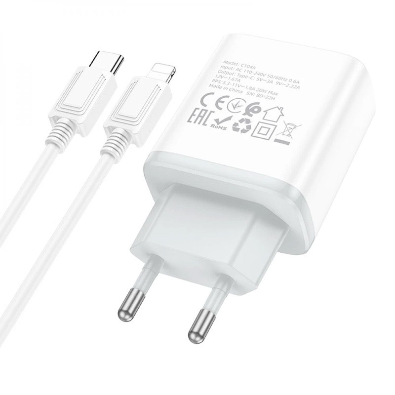 СЗУ Hoco C104A PD20W (1USB-C) + кабель Type-C to Lightning