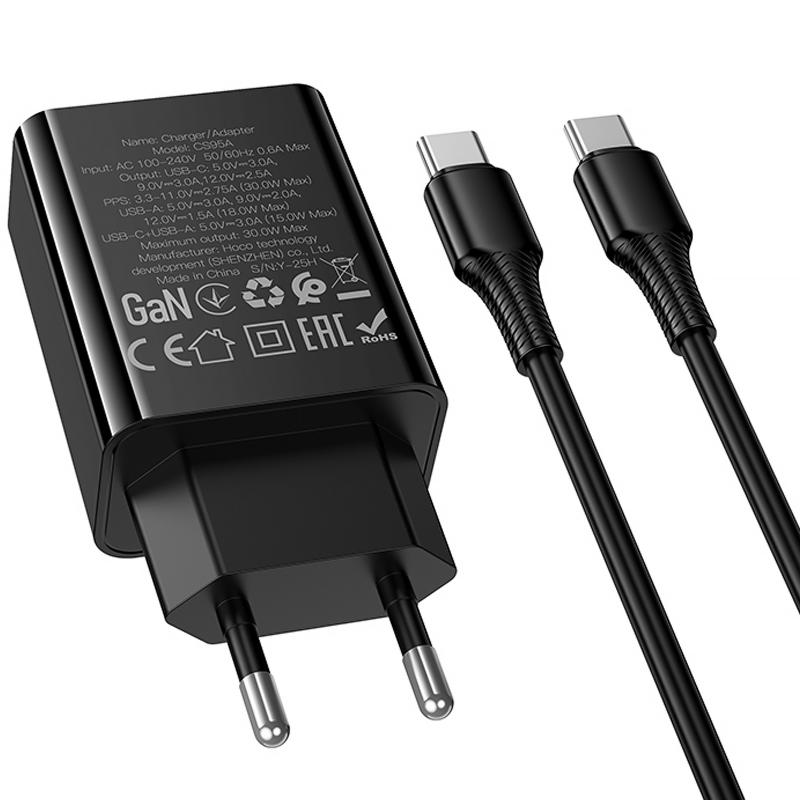 СЗУ Hoco CS95A Leader PD30W+QC3.0 (1USB-A/1C) + кабель Type-C to Type-C