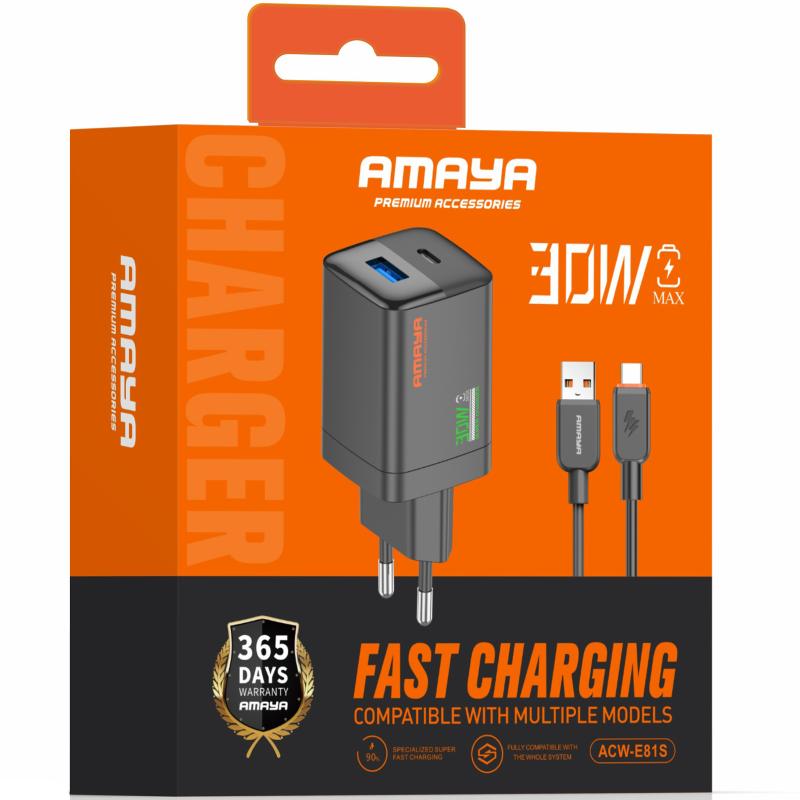 СЗУ Amaya E81S PD30W+QC3.0 (1USB-A/1C) + кабель USB to Type-C