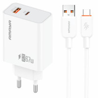 СЗУ Amaya E72D PD67W+QC3.0 (1USB-A/1C) + кабель USB to Type-C
