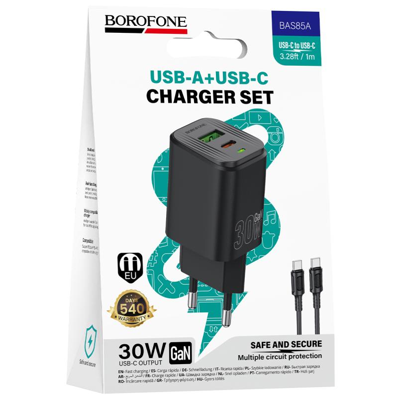 СЗУ Borofone BAS85A Star PD30W+QC3.0 (1USB-A/1C) + кабель Type-C to Type-C
