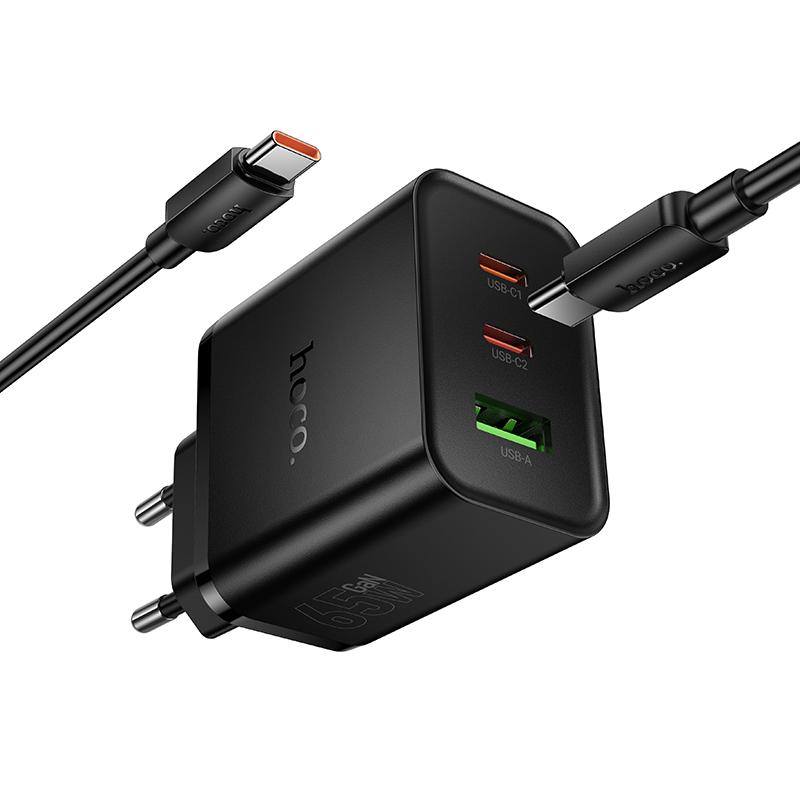 СЗУ Hoco N75 Grande 65W QC+PD (1USB-A/2C) + кабель Type-C to Type-C